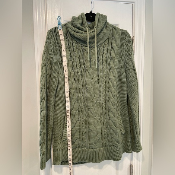 L.L. Bean Size M Sage Green Double L Mixed Cable Knit Funnel Neck Cotton Sweater - Picture 10 of 13